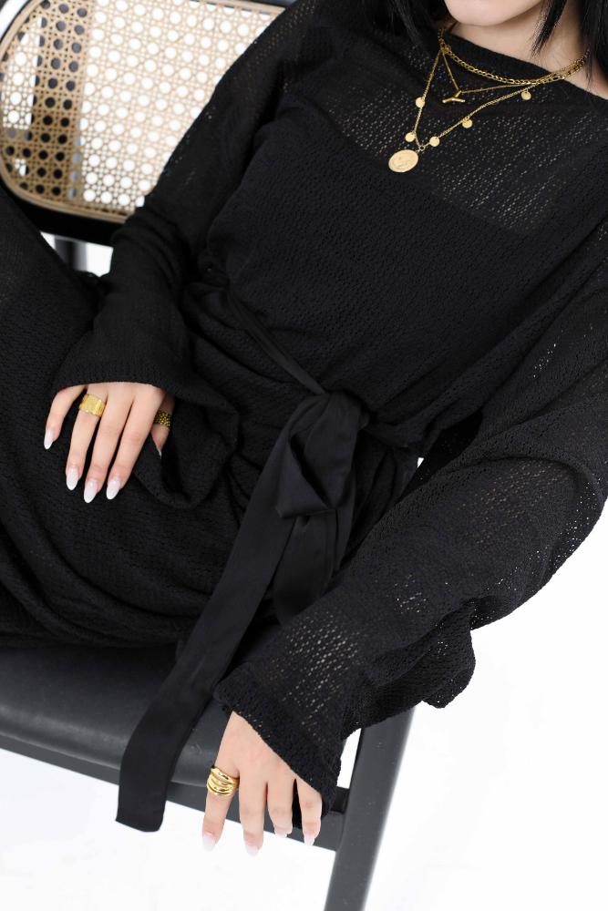 Mesh dress with satin belt