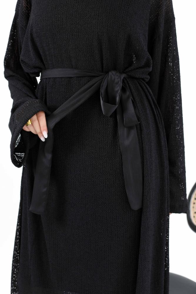 Mesh dress with satin belt
