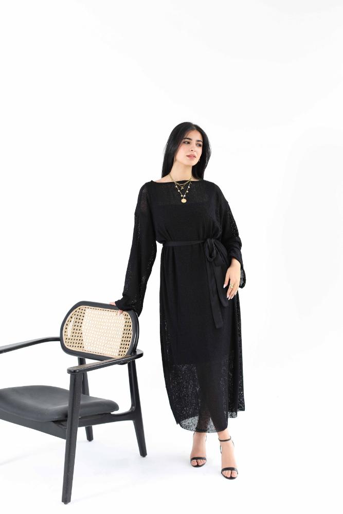 Mesh dress with satin belt