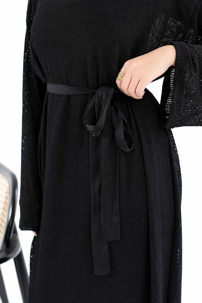 Mesh dress with satin belt