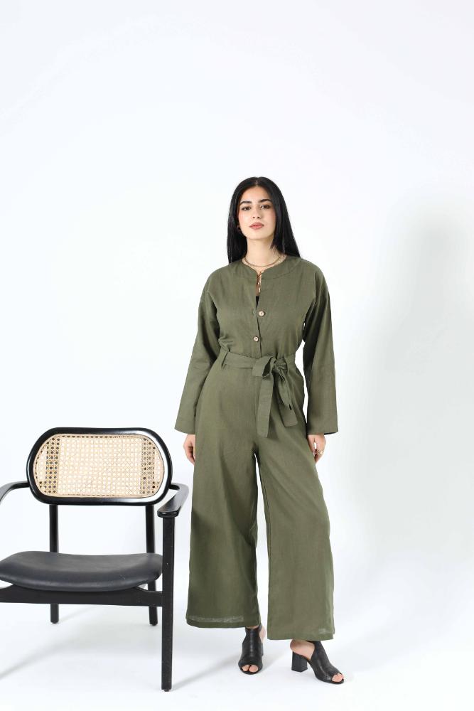 Pure linen olive green jumpsuit