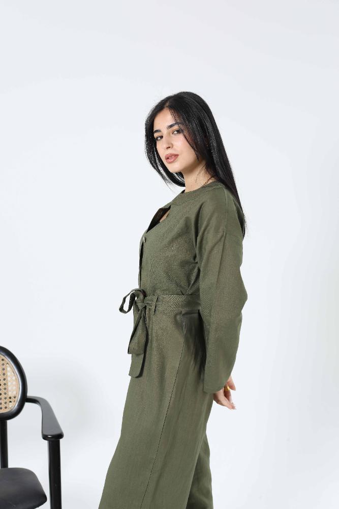 Pure linen olive green jumpsuit