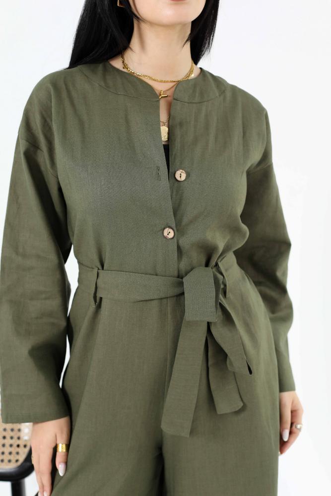 Pure linen olive green jumpsuit