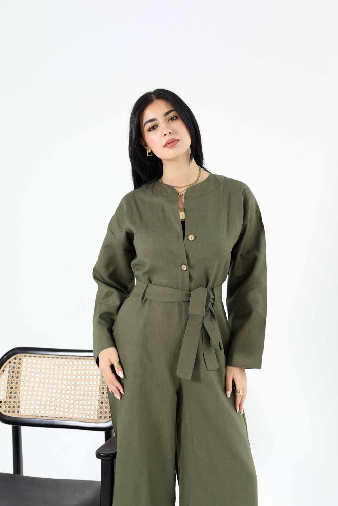 Pure linen olive green jumpsuit