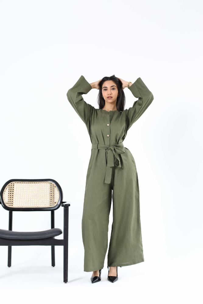 Pure linen olive green jumpsuit